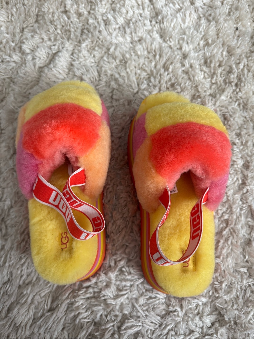 UGG Kids Multicolor Sheepskin Slide Slippers - Yellow/Coral/Pink
